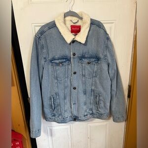 Guess Light Blue Denim Jacket with Cream Sherpa Collar